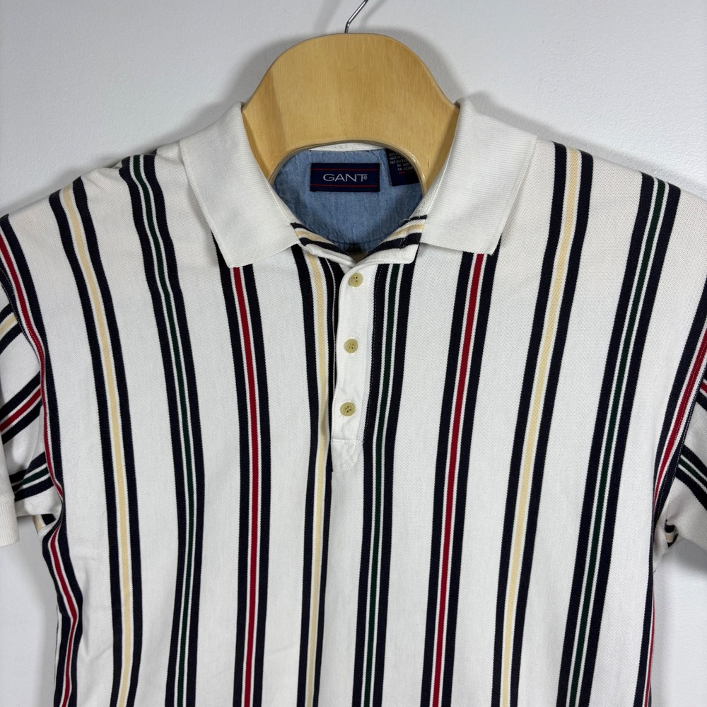 Gant Mens XL Vertical Multi Stripe Polo Shirt White Navy Red Cotton Short Sleeve